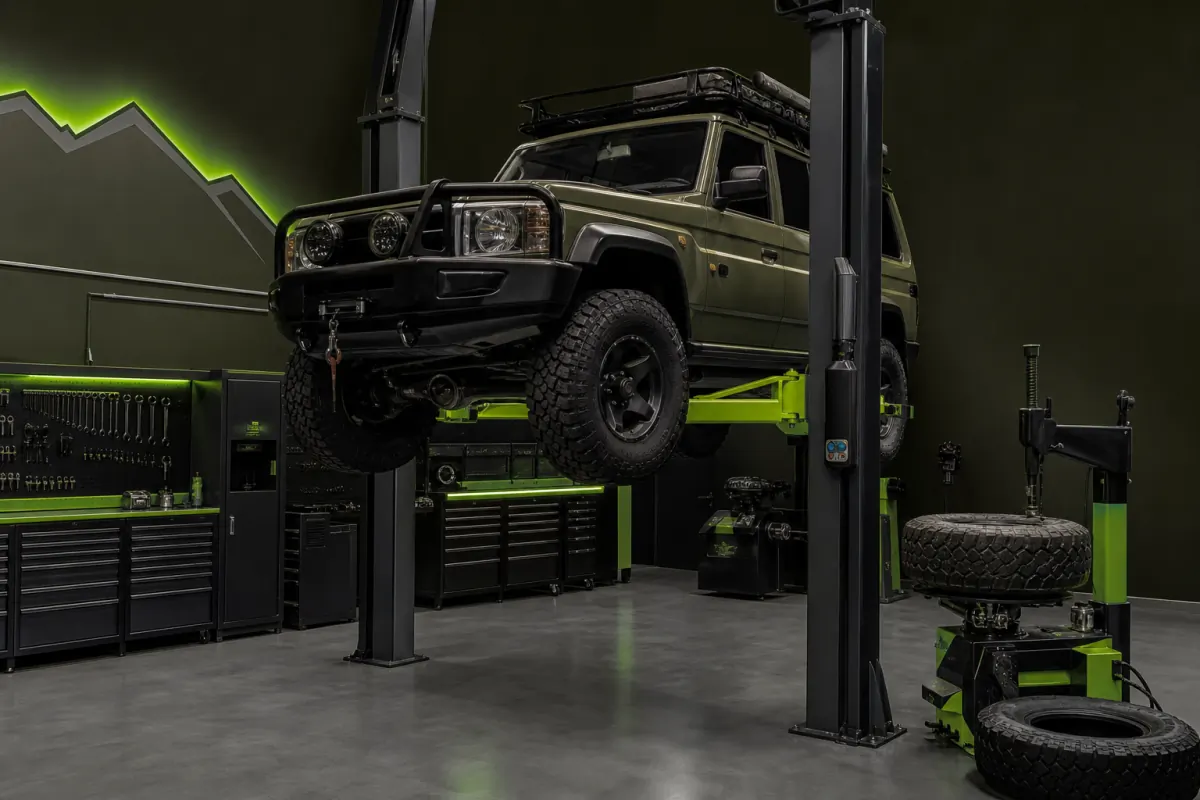 Werkstattausstattung und Hebebühne für Geländewagen bei marblepillar, 1200x800